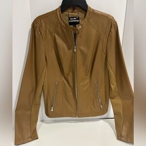 Express Women's Tan Faux Leather Moto Biker Jacket with Tab Collar